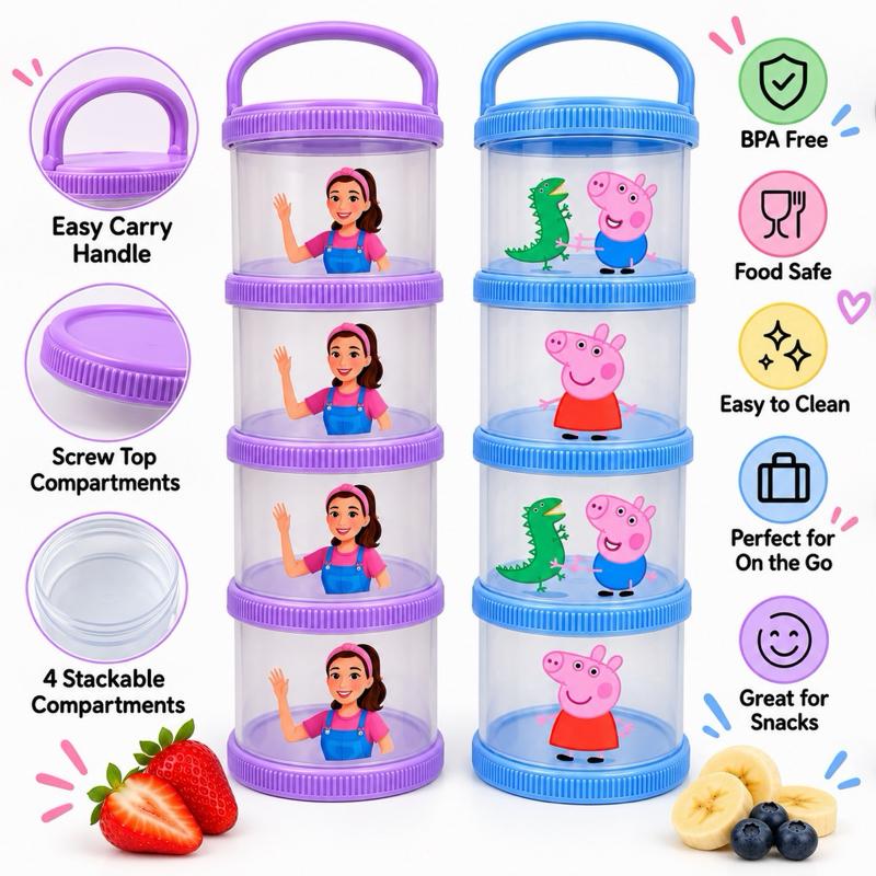 Stackable Kids Snack Pots with Carry Handle - 4 Compartments, Fun Character Designs, Secure Screw-Top, Lightweight & Easy to Clean, Perfect for Lunch Bags & Travel