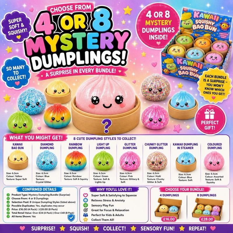 Mystery Dumpling Bundle - 4 or 8 Packs of Kawaii Squishies with Super Rare Editions & Bright Colours for Collectors & Gifts