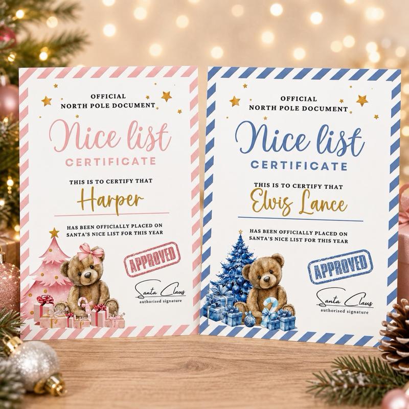 Personalised Nice List Certificates - Bear Design, Official North Pole Approved, choose from 2 designs - Me And You You And Me Co