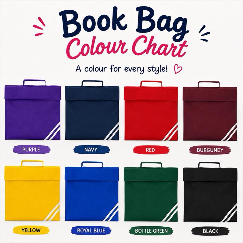 Personalised Book Bags for School Nursery & Everyday in Red Navy Burgundy Royal Blue Bottle Green yellow purple black Name Window Inside