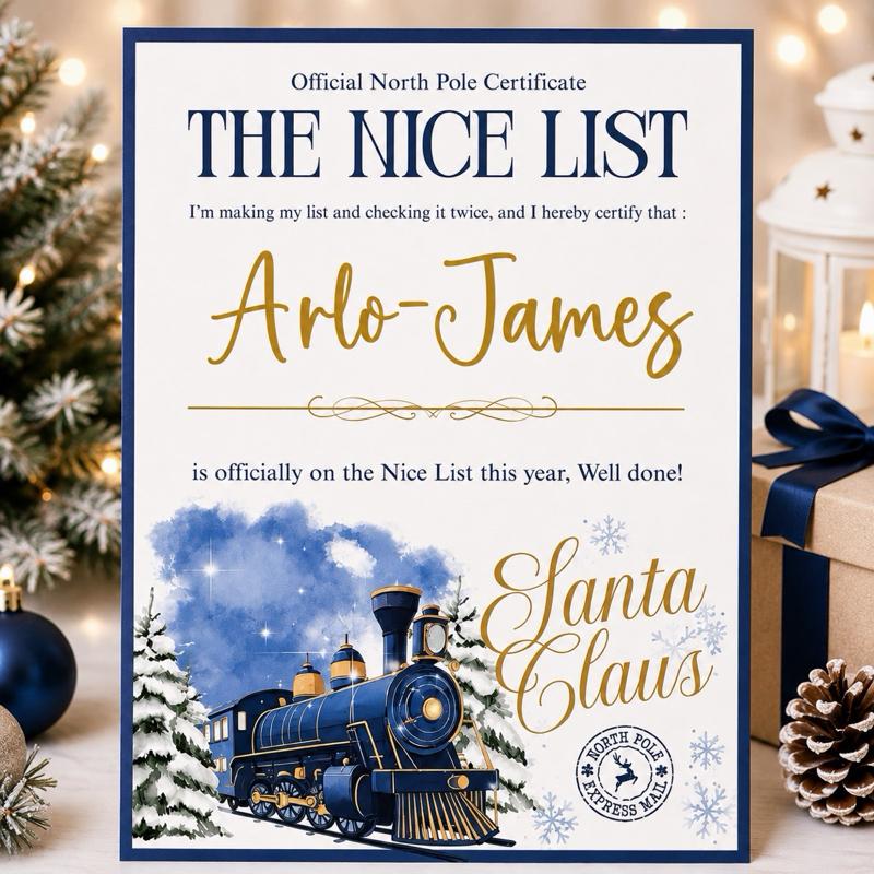 Personalised Nice List Certificates - Train Design, Official North Pole Approved, choose 3 train designs - Me And You You And Me Co