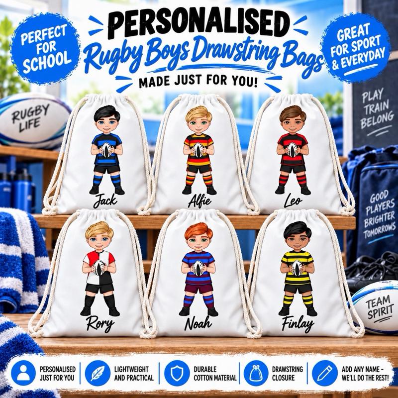 Personalised Rugby Boy Drawstring Bag - Choose kit colour, skin tone, hair and eye colour - Me And You You And Me Co