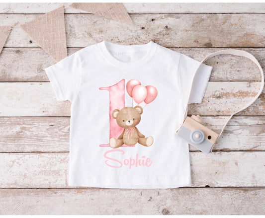 Teddy Bear Pink Balloons 1st Birthday T-Shirt