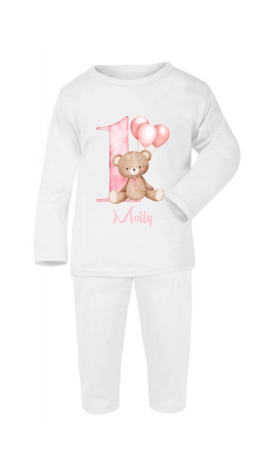 Teddy Bear Pink Balloons 1st Birthday Pyjamas