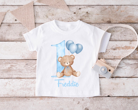 Teddy Bear Blue Balloons 1st Birthday T-Shirt