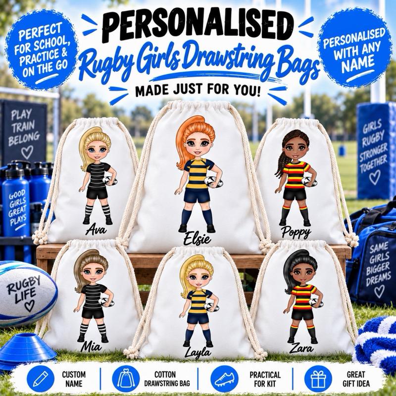 Personalised Rugby Girl Drawstring Bag - Choose kit colour, skin tone, hair and eye colour - Me And You You And Me Co