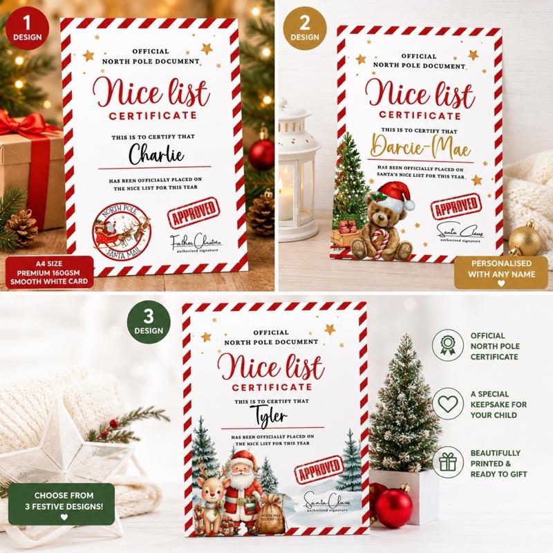 Personalised Nice List Certificates - Santa Design, Official North Pole Approved, Christmas Eve Letter, 3 Cute Designs - Me And You You And Me Co