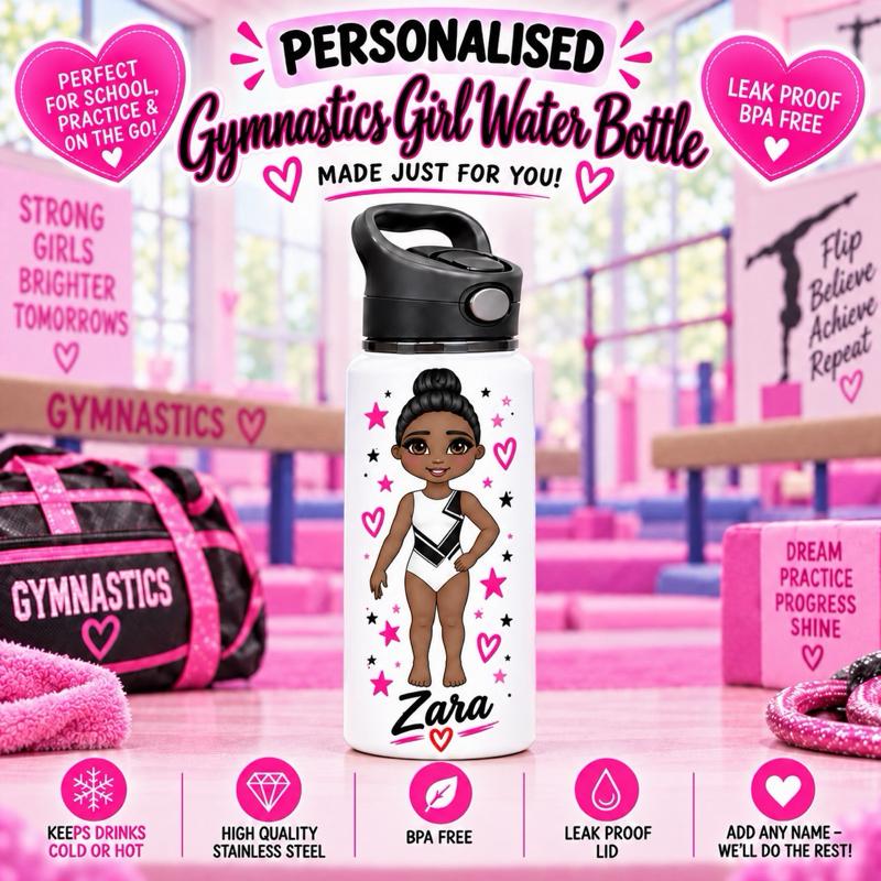 Personalised Gymnastics Water Bottle - Aluminium, 650ml Capacity - Choose leotard colour, Hair, Eye and Skin Details - Drinkware