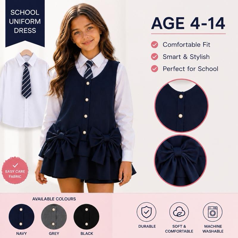 Girls Bow School Uniform Dress β Ages 4β14 - navy, black, grey - Me And You You And Me Co