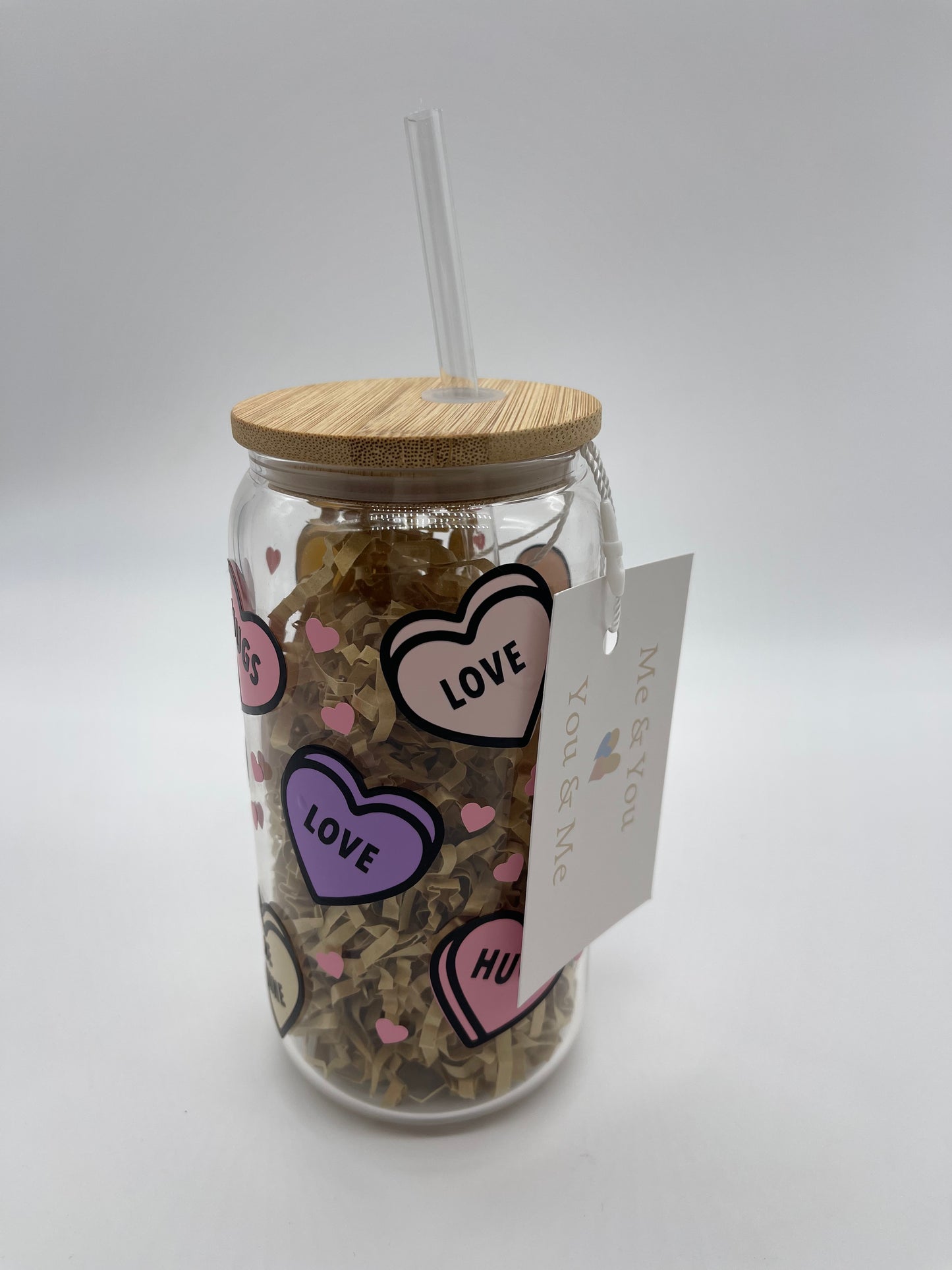 Love Hearts glass can cup - Me And You You And Me Co