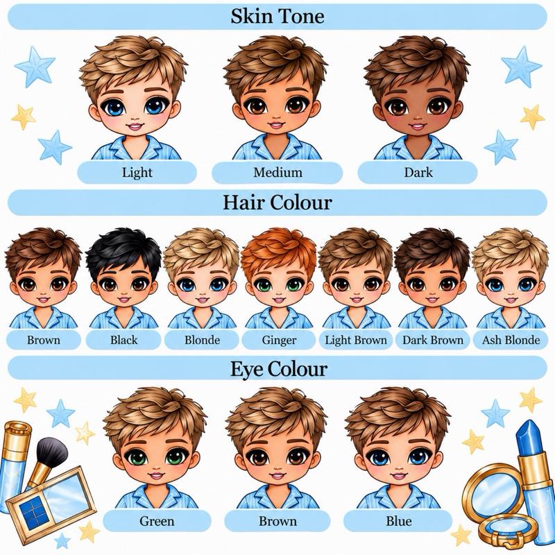 Personalised Blue Make Up Boy Luxury Magnetic Ribbon Gift box - medium and large sizes - choose skin tone, hair and eye colour - Me And You You And Me Co 