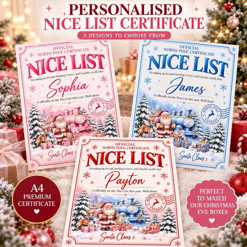 Personalised Christmas Santa Nice List Certificates - Train Design, Official North Pole Approved, choose form 3 designs - Me And You You And Me Co 