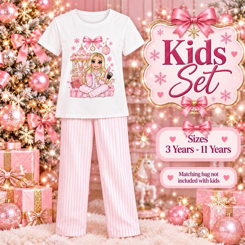 Matching Christmas PJs Make Up Carousel Adults XS-3XL Kids 3-14 Years Pink Striped Set with Bag - choose skin tone, hair and eye colour - Me And You You And Me Co 