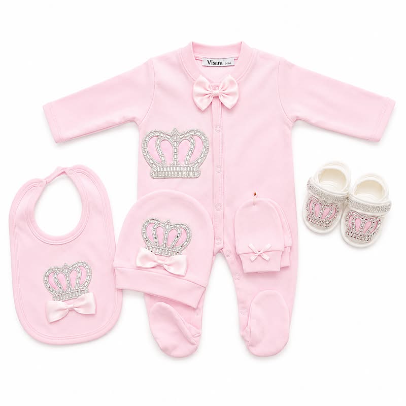 New Born Babies 5 Piece Crown Sets 0-3 Months for Baby Girl and Boy Beautiful Gift Set with Pink and Blue