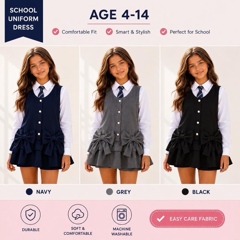 Girls Bow School Uniform Dress – Ages 4–14 - navy, black, grey - Me And You You And Me Co 