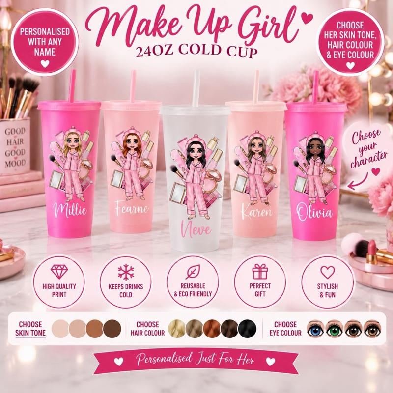 Personalised Make Up Girl Cold Cups - 16oz and 24oz cups - choose skin tone hair and eye colour