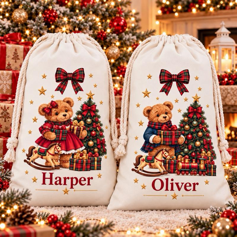 Personalised Vintage Teddy Bear Christmas Sacks 49 x 67cm Choose from 2 Designs boy or girl - Me And You You And Me Co 