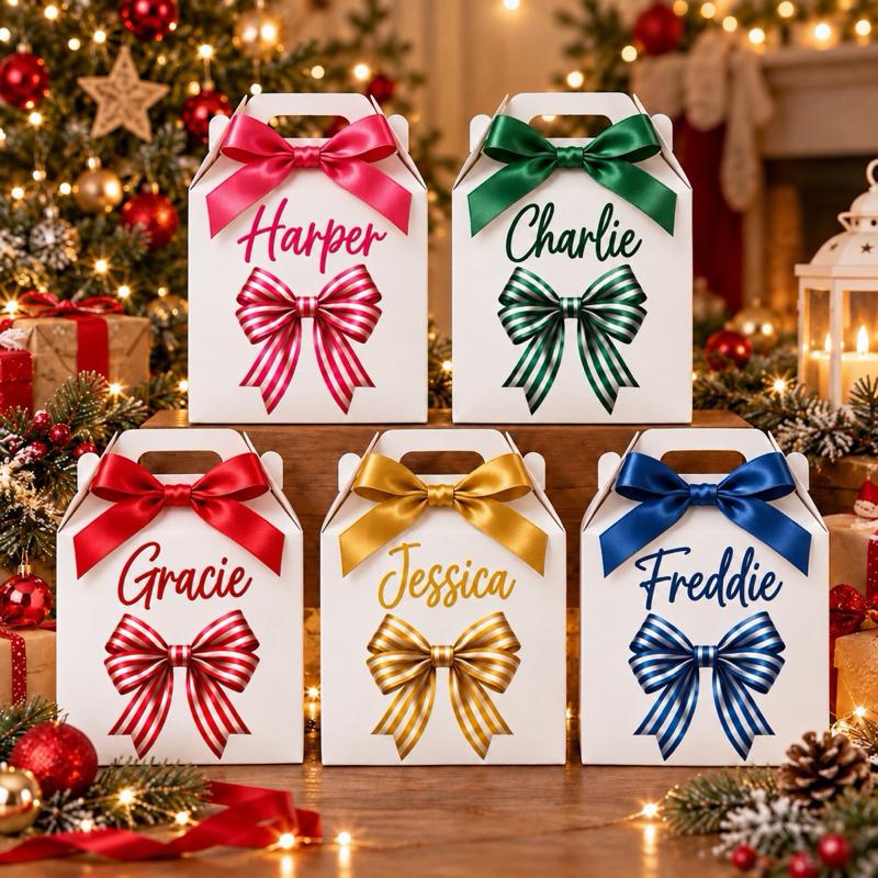 Personalised Christmas Bow Treat Box - choose from pink blue green red or gold designs - Me And You You And Me Co 