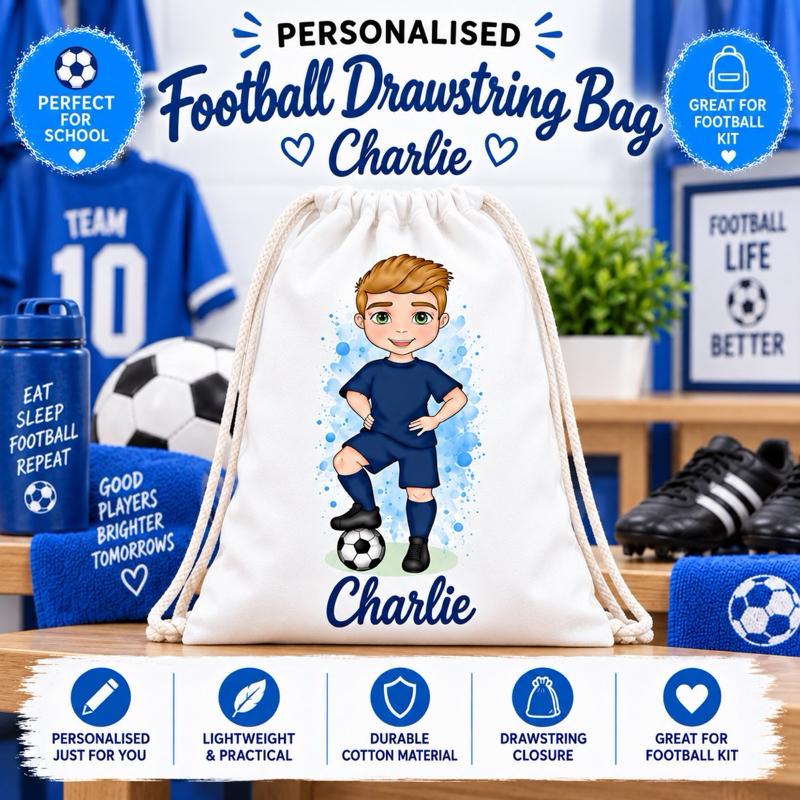 Personalised Football Boy Drawstring Bag - Choose kit colour, skin tone, hair and eye colour - Me And You You And Me Co 