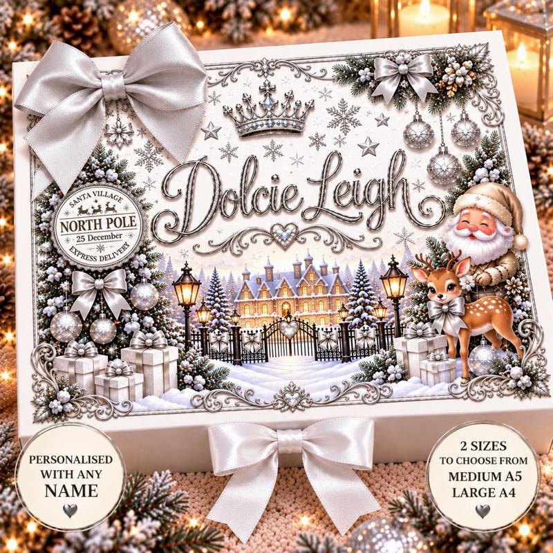 Personalised Luxury Christmas Gift Box – Silver North Pole Design – Custom Name – Christmas Eve Box – Medium A5 or Large A4 - Me And You You And Me Co 