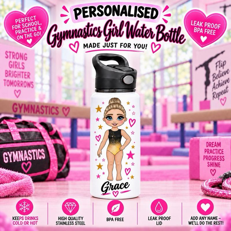 Personalised Gymnastics Water Bottle - Aluminium, 650ml Capacity - Choose leotard colour, Hair, Eye and Skin Details - Drinkware