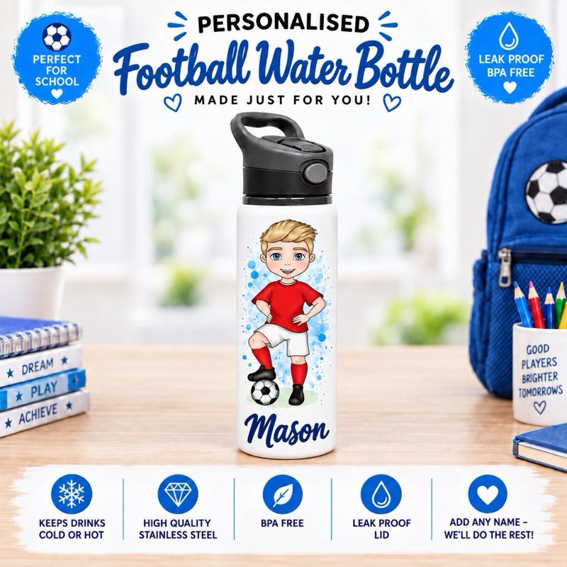 Personalised Boys Football Water Bottle - Aluminium, 650ml Capacity - Choose football kit colour, Hair, Eye and Skin Details - Drinkware