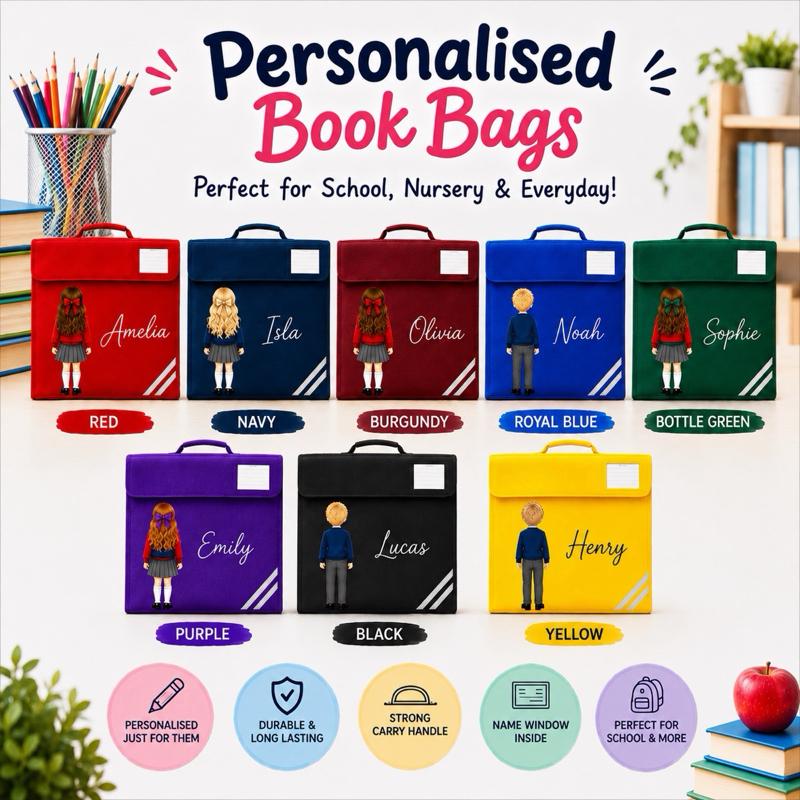 Personalised Book Bags for School Nursery & Everyday in Red Navy Burgundy Royal Blue Bottle Green yellow purple black Name Window Inside