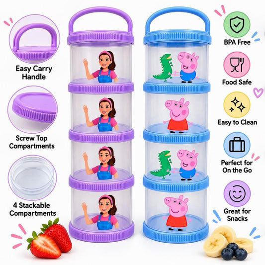 Stackable Kids Snack Pots with Carry Handle - 4 Compartments, Fun Character Designs, Secure Screw-Top, Lightweight & Easy to Clean, Perfect for Lunch Bags & Travel