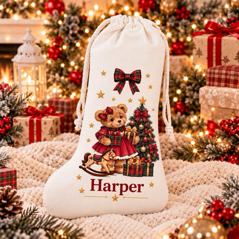 Personalised Vintage Teddy Bear Christmas Stockings with Santa and Train - choose boy or girl design - Me And You You And Me Co 