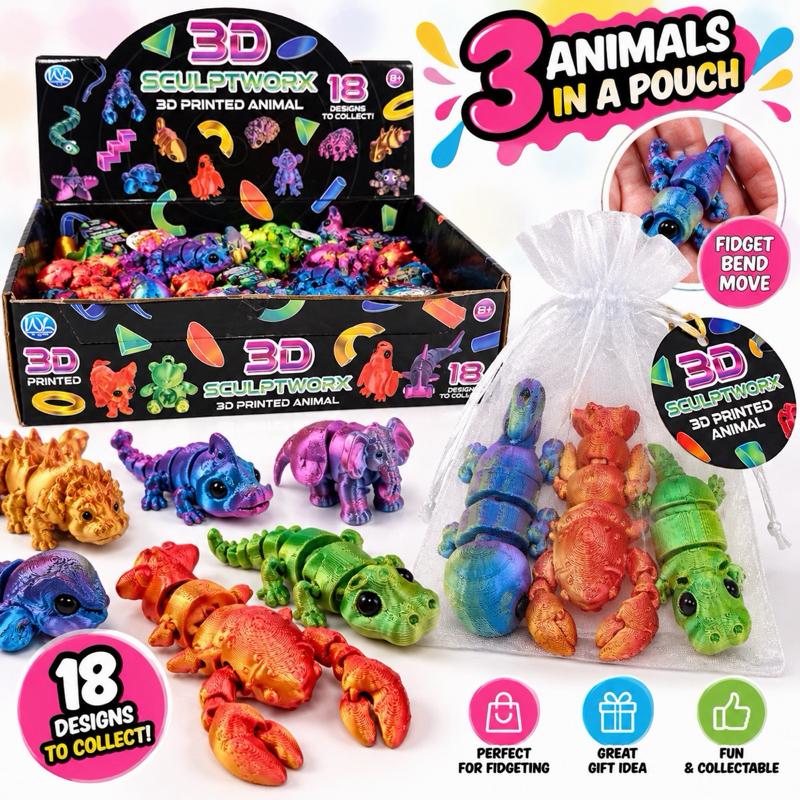 3 Pack 3D Printed Animal Fidget Toys – Assorted Designs in Gift Pouch