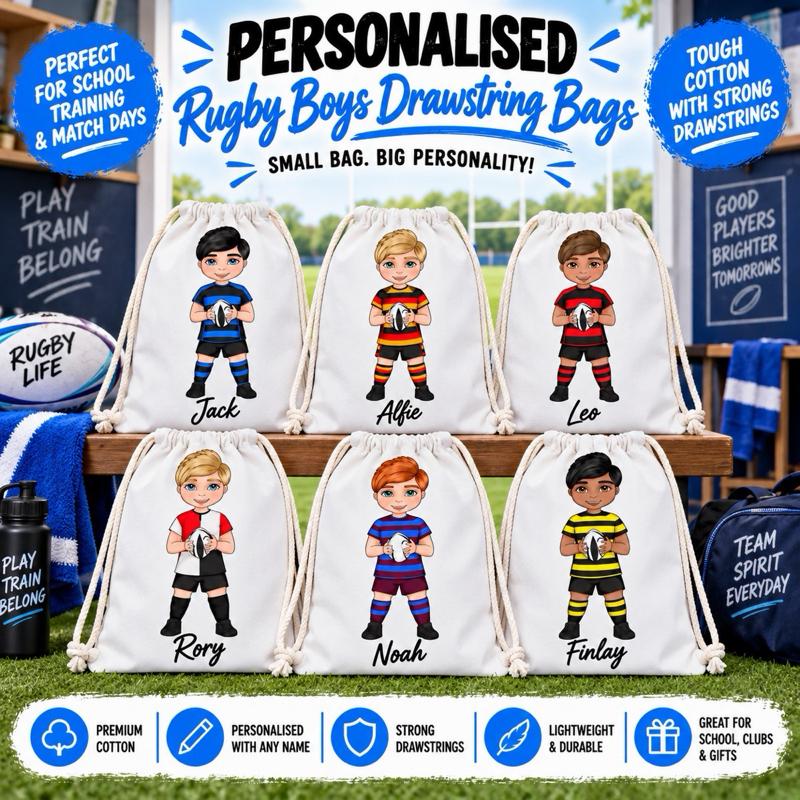 Personalised Rugby Boy Drawstring Bag - Choose kit colour, skin tone, hair and eye colour - Me And You You And Me Co 