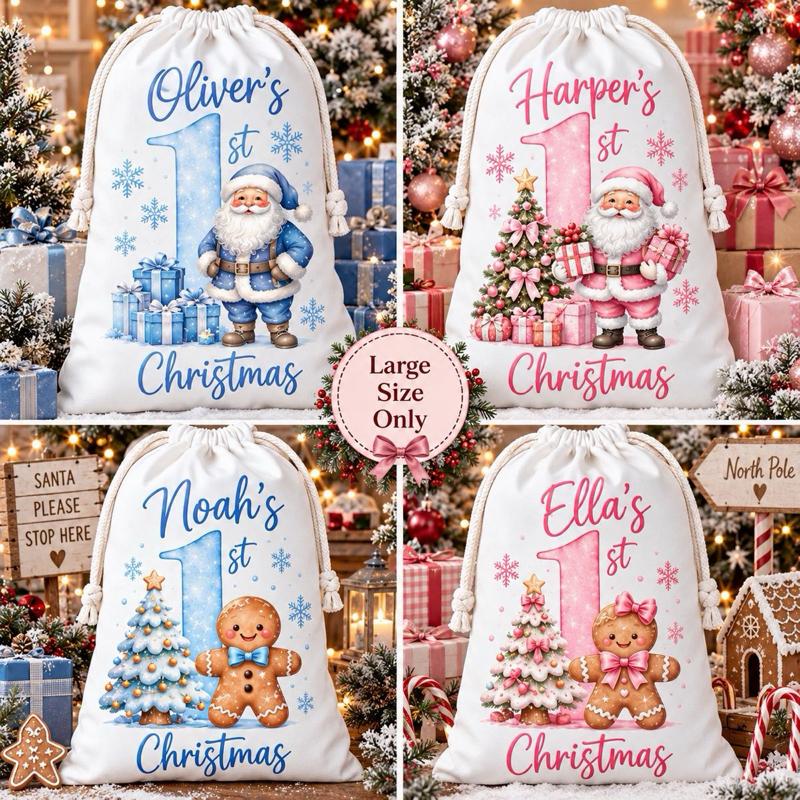 Personalised 1st Christmas Large Sacks 49 x 67cm Choose from 4 Designs Santa Train Gingerbread Festive Gift Decor - Me And You You And Me Co 