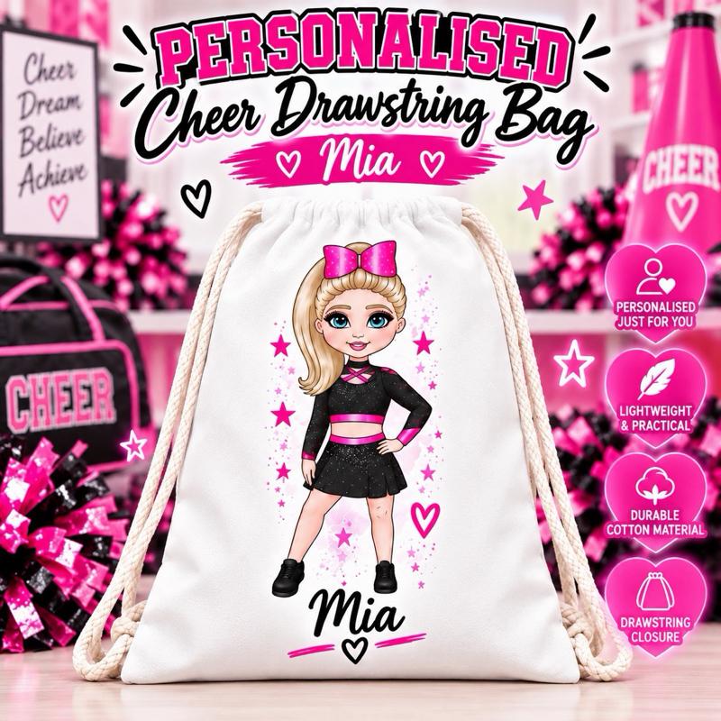 Personalised Cheer Drawstring Bag - Choose leotard colour, skin tone, hair and eye colour - Me And You You And Me Co 