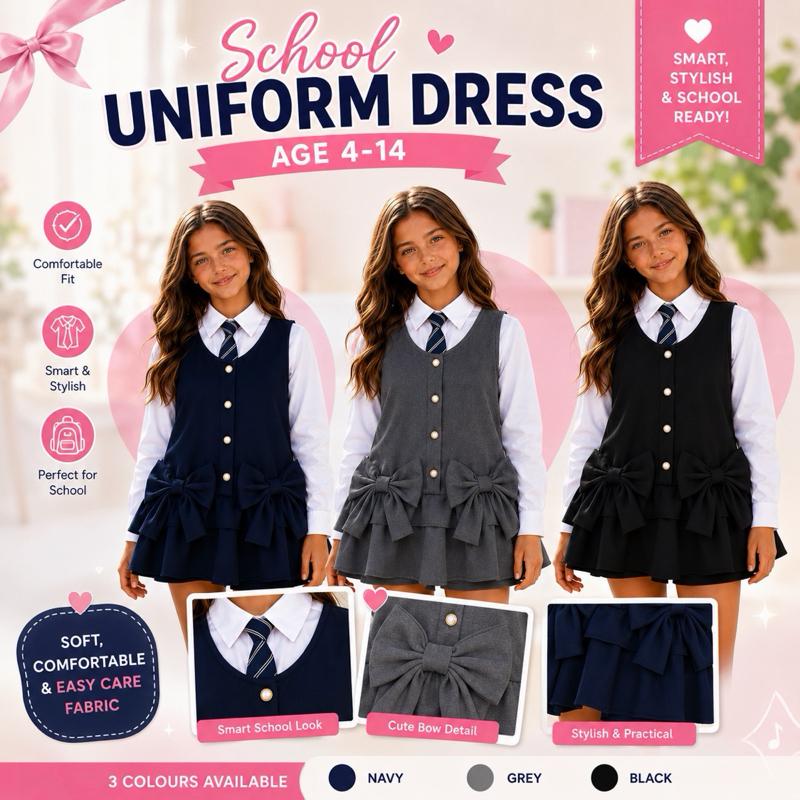 Girls Bow School Uniform Dress – Ages 4–14 - navy, black, grey - Me And You You And Me Co 