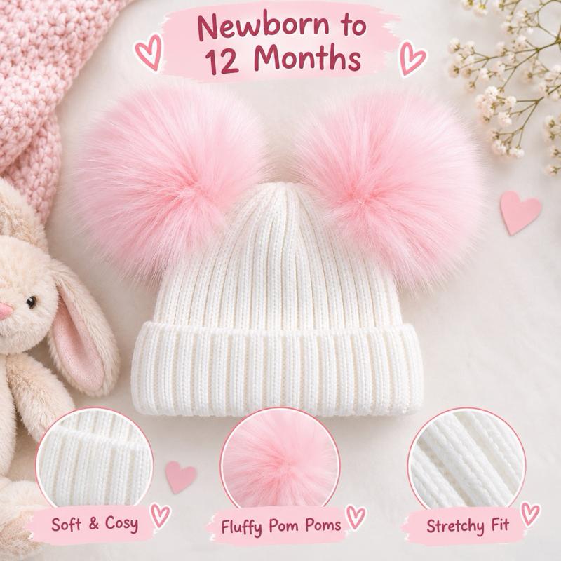 Cozy Knit Beanie for Kids Grey Pink & Red with Velvet Bow and Pom Poms Soft Cozy Fluffy Pom Poms Stretchy Fit for Newborn to 12 Months