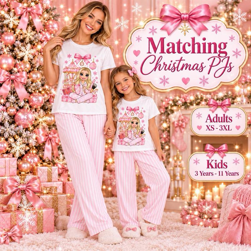 Matching Christmas PJs Make Up Carousel Adults XS-3XL Kids 3-14 Years Pink Striped Set with Bag - choose skin tone, hair and eye colour - Me And You You And Me Co 