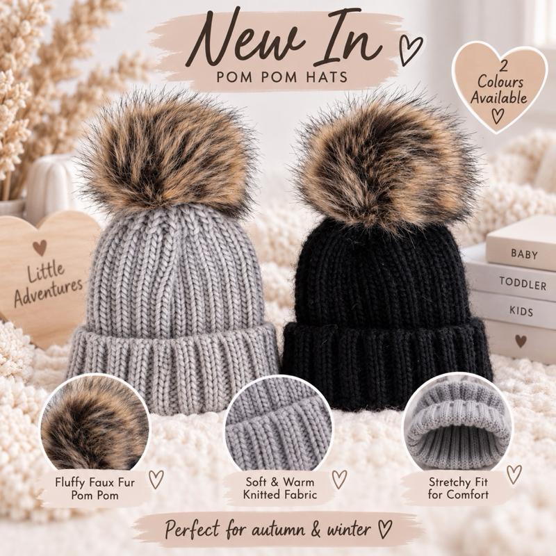 Cozy Knit Beanie for Kids with Fluffy Pom Pom and Velvet Bow in Grey Pink and Red Stretchy Fit for Newborns to 12 Months
