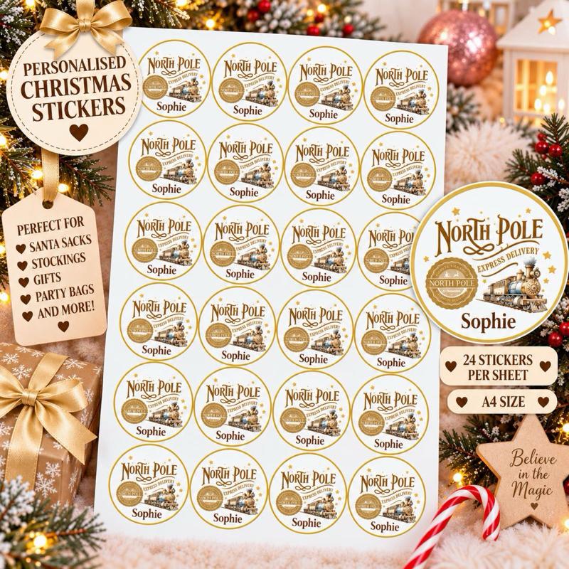 Personalised Christmas North Pole Express Stickers - choose from pink blue gold red and green designs - Me And You You And Me Co 