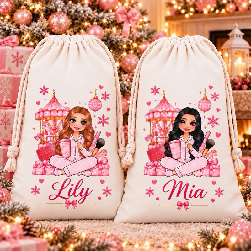 Personalised Christmas Large Make Uo Carousel Sacks 49 x 67cm Choose from 3 Designs blue red or pink - Me And You You And Me Co 