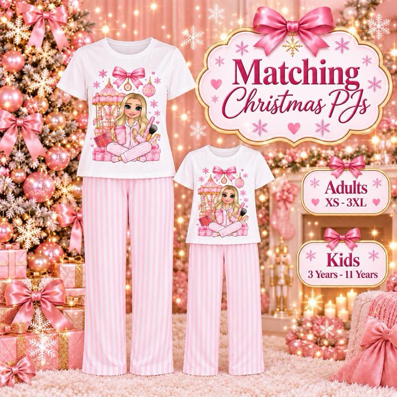 Matching Christmas PJs Make Up Carousel Adults XS-3XL Kids 3-14 Years Pink Striped Set with Bag - choose skin tone, hair and eye colour - Me And You You And Me Co 