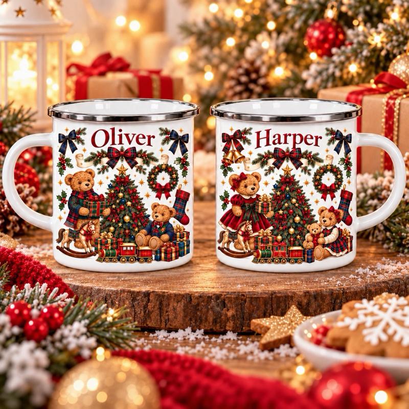 Personalised Vintage Teddy Bear Christmas Enamel Mug Perfect for Daily Use Drinkware Enhance Your Day - available in 2 designs - Me And You You And Me Co 