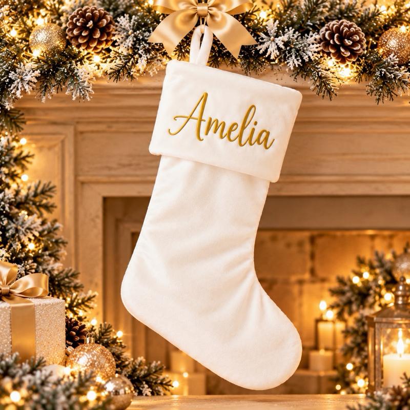 Personalised Velvet Christmas Stockings red white beige - Me And You You And Me Co 