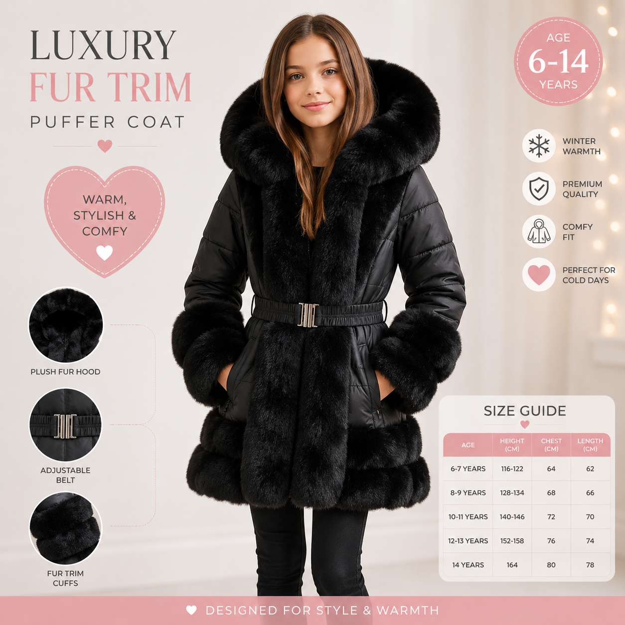 Black Faux Fur Padded Kids Coat - Stylish & Cozy Winter Wear with Pockets for Infants to Juniors