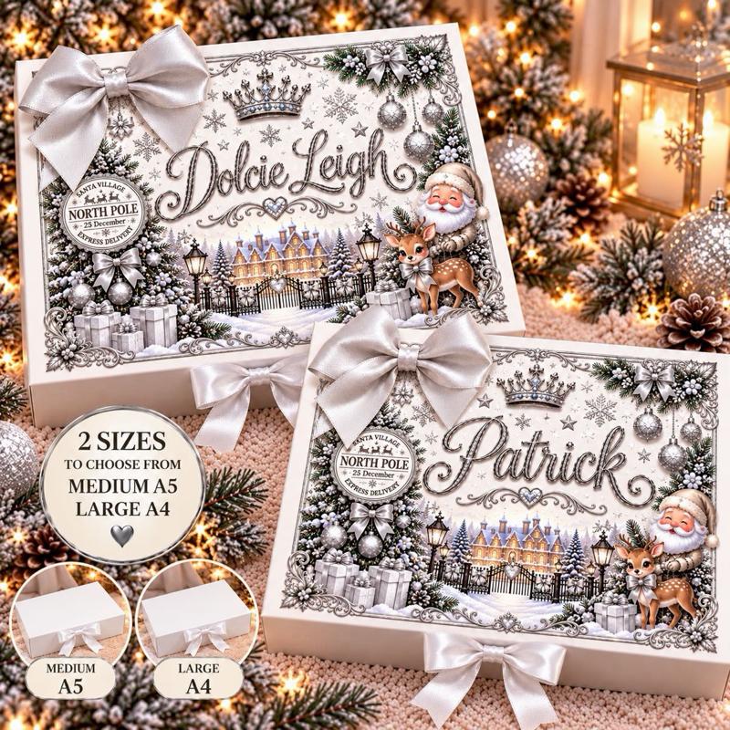 Personalised Luxury Christmas Gift Box – Silver North Pole Design – Custom Name – Christmas Eve Box – Medium A5 or Large A4 - Me And You You And Me Co 