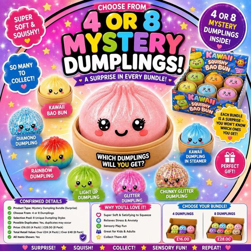 Mystery Dumpling Bundle - 4 or 8 Packs of Kawaii Squishies with Super Rare Editions & Bright Colours for Collectors & Gifts