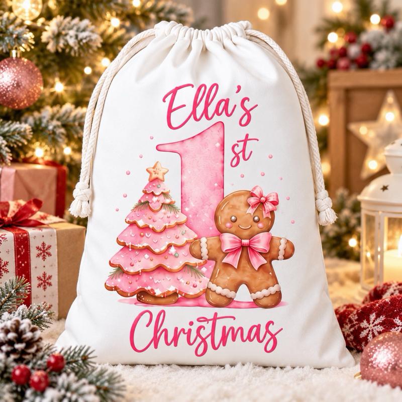 Personalised 1st Christmas Large Sacks 49 x 67cm Choose from 4 Designs Santa Train Gingerbread Festive Gift Decor - Me And You You And Me Co 