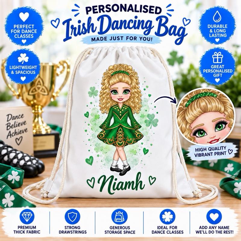 Personalised Irish Dancing Drawstring Bag - Choose dress colour, skin tone, hair and eye colour - Me And You You And Me Co 