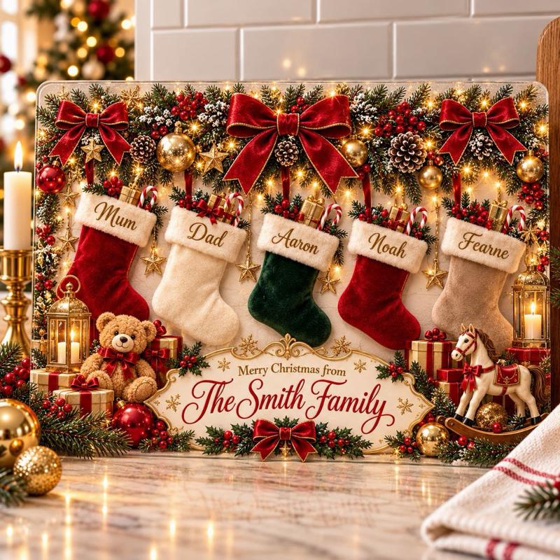 Personalised Christmas Cutting Board Family Stockings Perfect Christmas Gift 28cmx20cm Durable Glass Heat - choose names and number of stockings - Me And You You And Me Co 