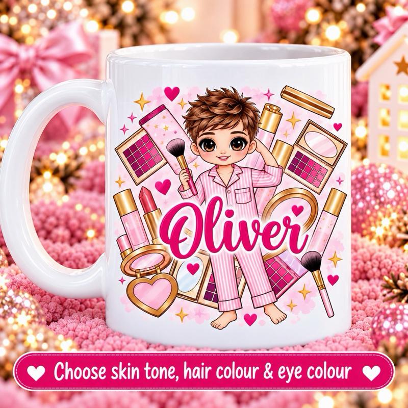 Personalised Pink Make Up Boy Mug - Choose skin tone, hair and eye colour - Me And You You And Me Co 
