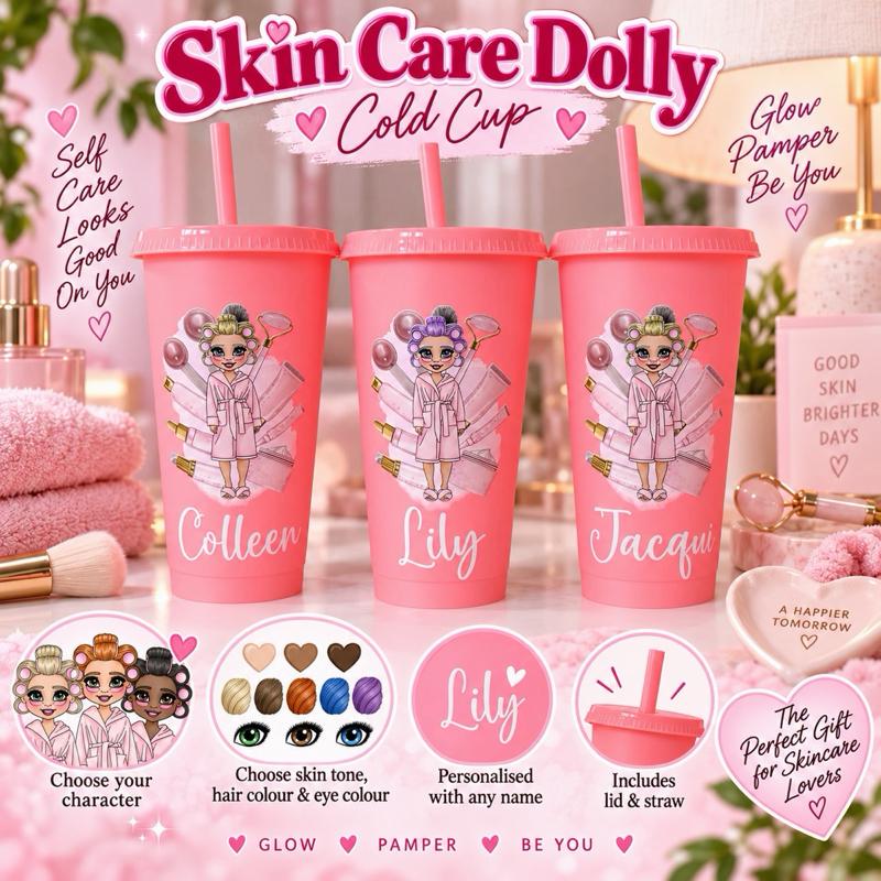 Personalised Skin Care Girl Cold Cups - 16oz and 24oz cups - choose skin tone hair and eye colour